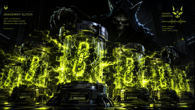 A dark sci-fi digital artwork features hooded figures surrounding cylindrical pods glowing with neon green energy and chain symbols, labeled with text including 'GRAVEMINT GLITCH' and 'BROKEN SIGNATURE'.