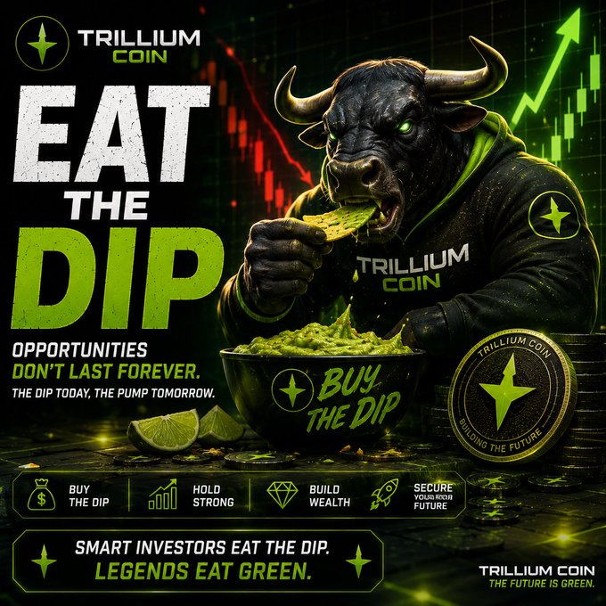 A promotional graphic for 'Trillium Coin' features a black bull wearing a hoodie, eating a green chip from a bowl of guacamole, with the tagline 'EAT THE DIP' and 'Smart Investors Eat the Dip. Legends Eat Green.'
