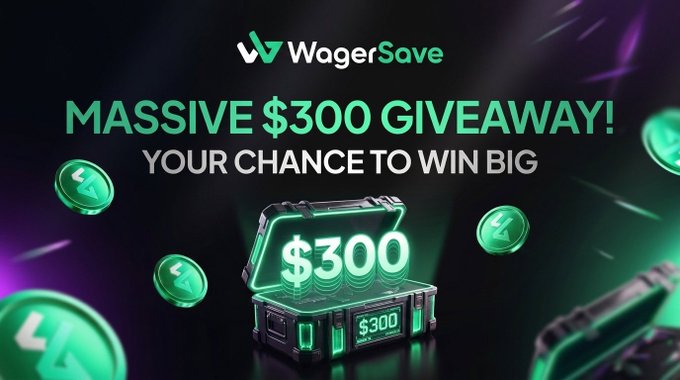 This image advertises a "$300 WagerSave Giveaway" with a graphic of a chest overflowing with $300 and flying coins, directly relating to the giveaway announcement.