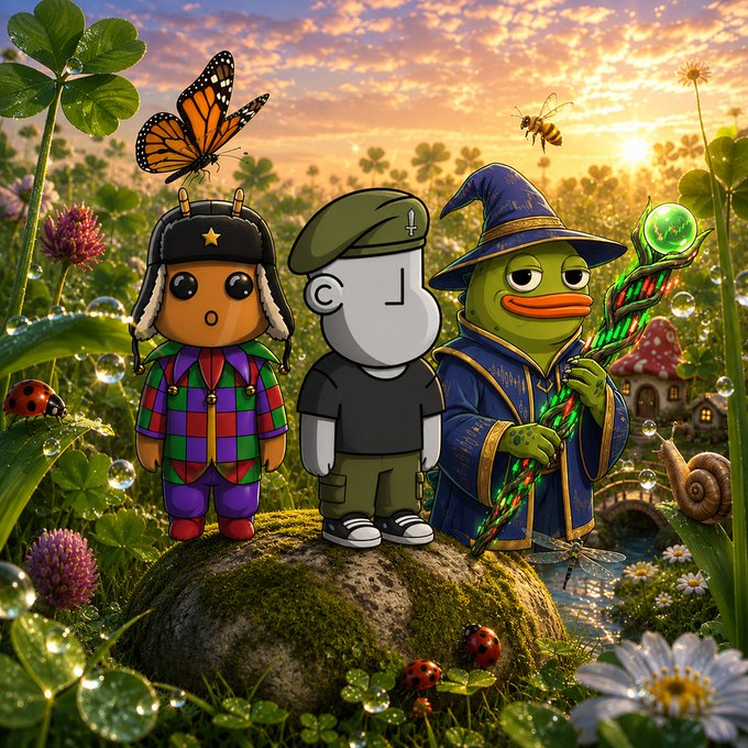 A whimsical digital illustration featuring three cartoon-style characters standing on a mossy rock in a vibrant meadow, including a harlequin figure, a boy with an 'L' on his hat, and a wizard-like duck creature.