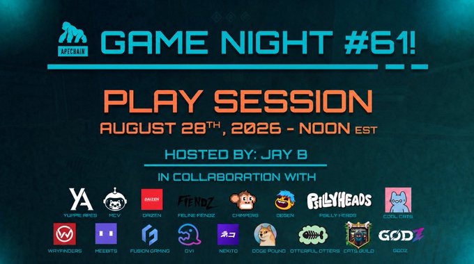 The image is a promotional graphic for "GAME NIGHT #61!" on ApeChain, scheduled for August 28th, 2026 at Noon EST, hosted by Jay B in collaboration with various gaming projects including Yume Labs, Feline Fiendz, Champz, Billy Heads, Wayfinders, Meebits, and others. The post highlights that Jay B will be giving away a Mars Cat NFT live during the stream, tying into the gaming event showcased in the graphic.