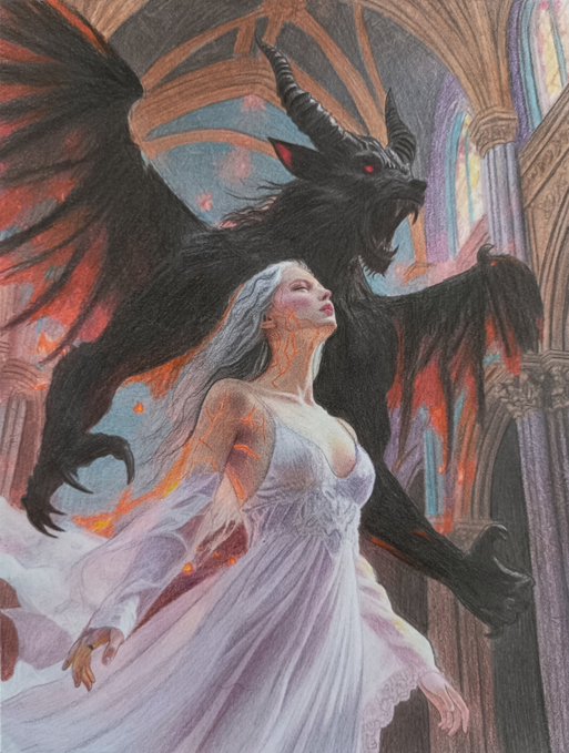A pale woman in a flowing white gown stands serenely with her eyes closed as a massive, menacing black demon with glowing red eyes and outstretched claws looms behind her in a Gothic cathedral setting. The artwork captures the duality of light and dark referenced in the title "The last Pact of Dawn and Shadow," depicting the woman as the "dawn" caught in an ominous embrace with her shadowy demon counterpart.