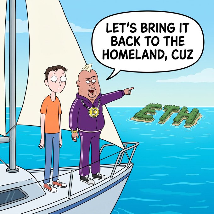 A cartoon shows two men on a sailboat, with the man in a purple tracksuit pointing toward an island shaped like the letters 'ETH' and saying, 'LET'S BRING IT BACK TO THE HOMELAND, CUZ'.