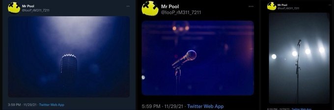Three side-by-side Twitter posts from "Mr Pool" (@poF_nM311_7211) dated 11/29/21, each featuring a moody concert image: a blue-lit microphone, a vintage-style microphone on a stand, and a microphone with bright stage lights backlighting it.