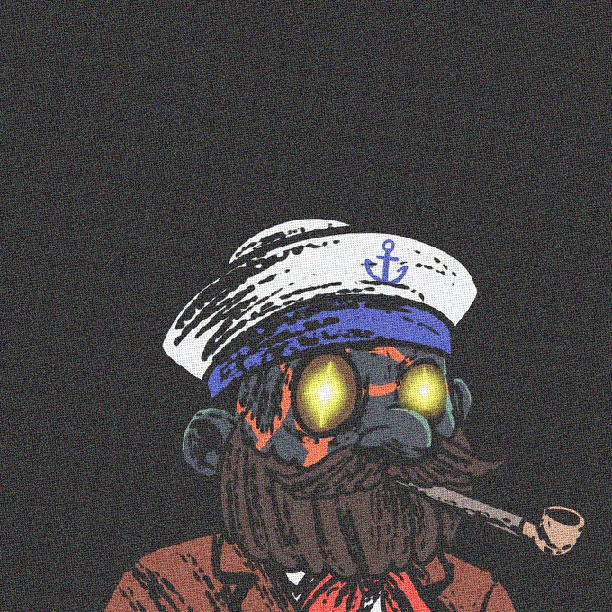 A stylized illustration of a bearded sailor with glowing yellow eyes, wearing a white and blue captain's hat adorned with an anchor symbol, and smoking a pipe, set against a black background. The accompanying post celebrates the artwork as undervalued NFT art, with the handle "GoG" suggesting the sailer's cap is associated with the artist's branding.