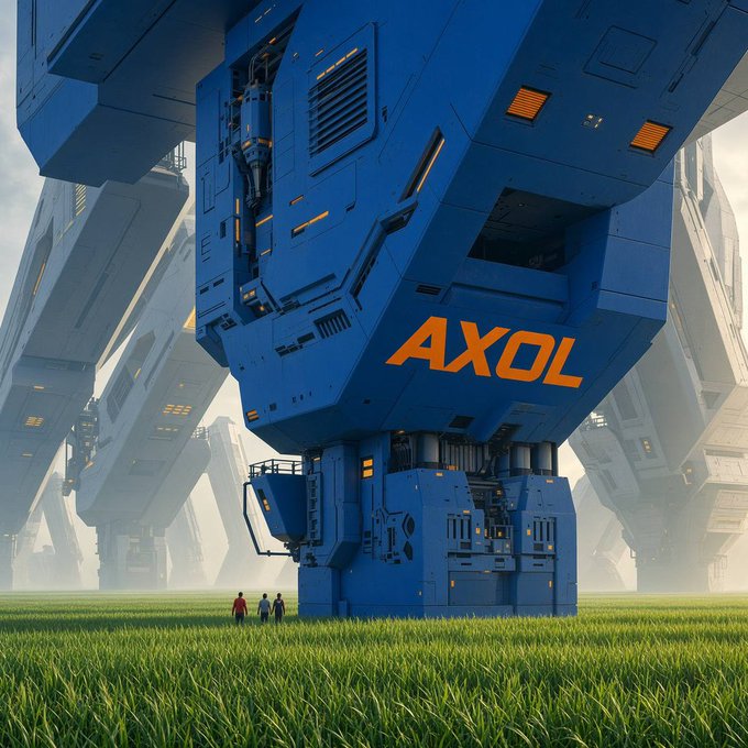 A massive blue sci-fi structure or mech with the word 'AXOL' printed in orange stands in a green field, dwarfing four small human figures standing nearby.