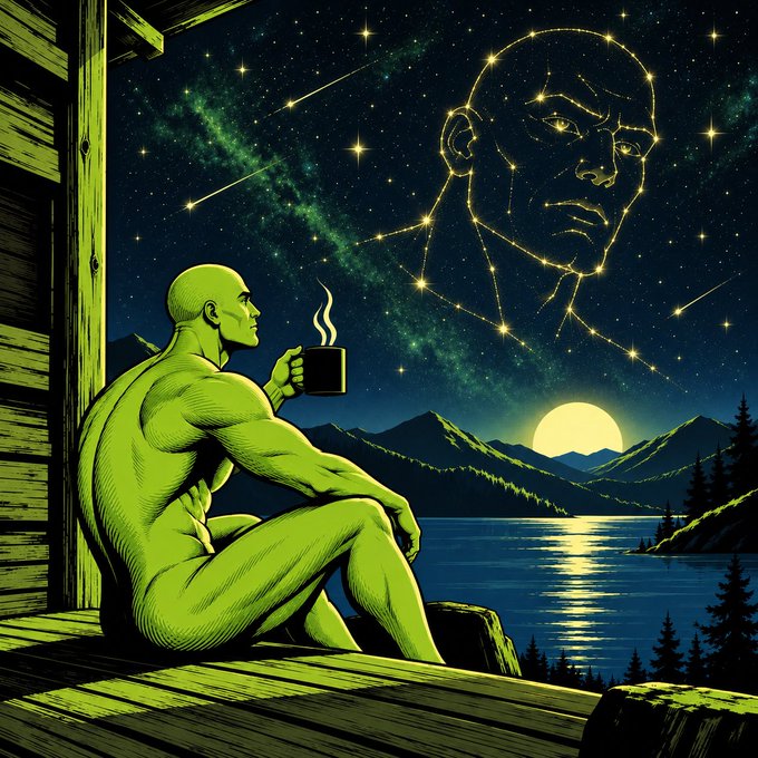 A stylized illustration of a green-skinned bald figure sitting on a wooden porch, drinking from a mug while gazing at a starry night sky featuring a constellation forming a large human face.