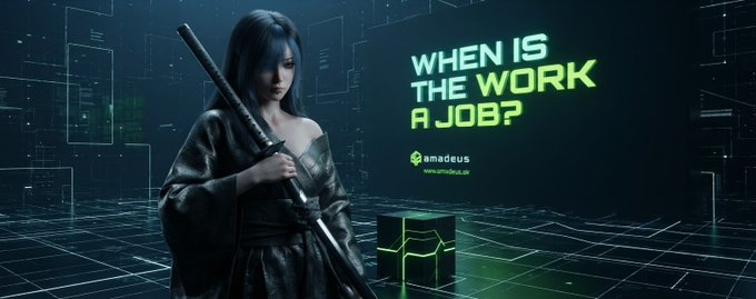 A promotional image for Amadeus featuring a woman in a kimono holding a sword, with the text 'WHEN IS THE WORK A JOB?' and the Amadeus logo.