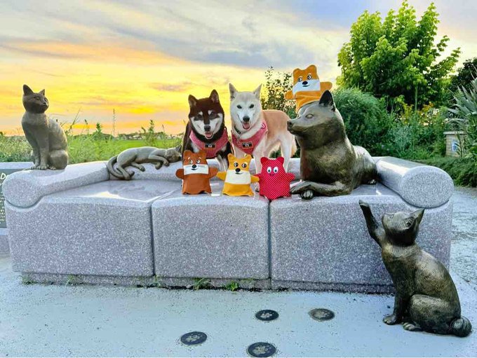 A whimsical outdoor scene featuring Shiba Inu dogs on a stone bench at sunset, alongside bronze cat statues, paper animal crafts, and a bronze cat figurine in the foreground.