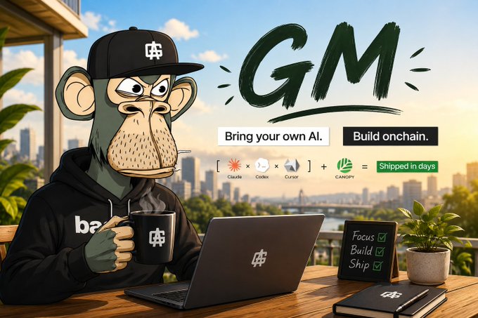 A cartoon monkey mascot wearing a black hoodie and cap sits at a laptop with a coffee mug, with 'GM' text and 'Bring your own AI. Build onchain.' branding alongside a 'Shipped in days' tagline.