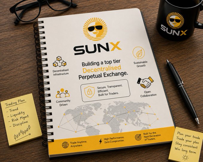 A spiral-bound notebook titled 'SUNX Building a top tier Decentralised Perpetual Exchange' sits on a wooden desk with sticky notes outlining a 'Trading Plan' and the SUNX logo on a nearby mug.