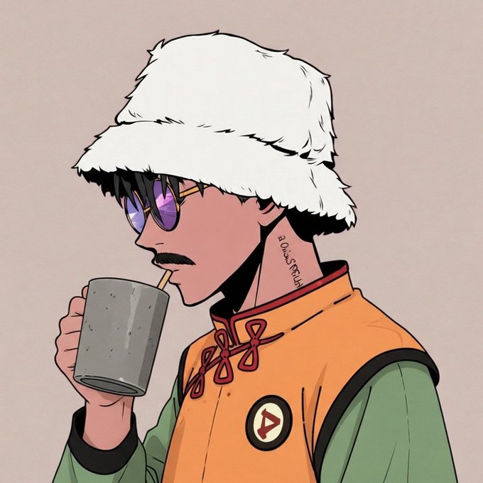 An illustrated anime-style character wearing a white fluffy bucket hat, purple sunglasses, and an orange vest with a logo, drinking from a gray mug.