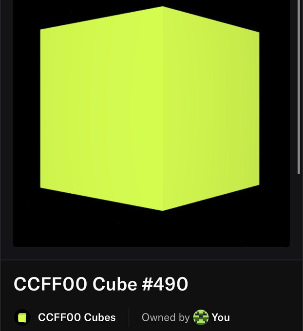 A bright green-yellow cube displayed against a black background, labeled 'CCFF00 Cube #490' and 'CCFF00 Cubes', owned by 'You'.