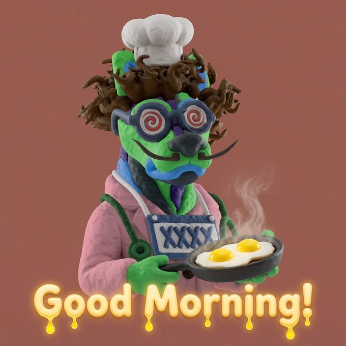 A whimsical green-skinned character with swirly hypnotic glasses, wild hair, and a chef's hat holds a steaming frying pan with two sunny-side-up eggs, accompanied by the text "Good Morning!" in dripping yellow letters, fittingly greeting the post's morning check-in asking whether followers prefer Solana or Robinhood.