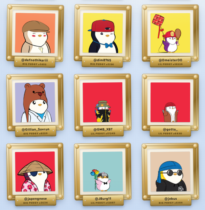 A 3x3 grid displays nine framed Pudgy Penguins NFT profile pictures with various accessories and usernames like @defnothikariii and @japengnese, each labeled 'BIG PUDGY' or 'LIL PUDGY' with a number.