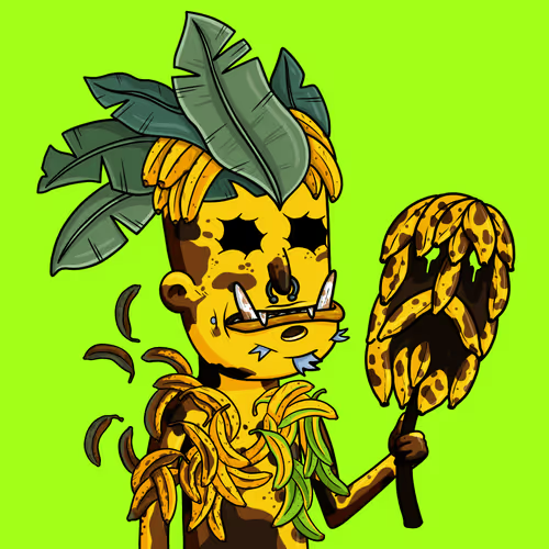 A cartoon illustration of a character with a banana tree-like head, spikes, and wild features holding a leopard-print leaf against a bright green background.
