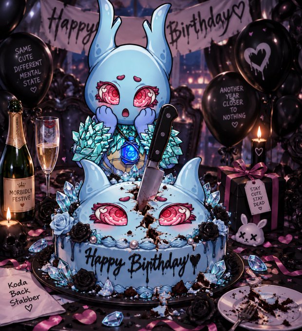 An AI-generated dark fantasy birthday scene shows a blue creature cake being stabbed with a knife, surrounded by black balloons with gothic messages like 'SAME CUTE DIFFERENT MENTAL STATE' and 'STAY CUTE STAY DEAD.'