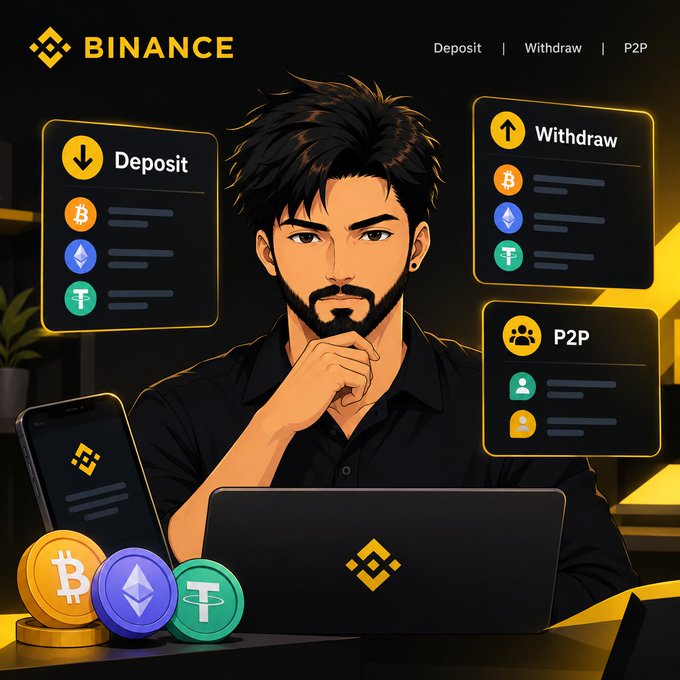 An illustration of a bearded man sitting behind a laptop with a Binance logo, flanked by UI panels showing 'Deposit', 'Withdraw', and 'P2P' options for Bitcoin, Ethereum, and Tether, with physical crypto coins on the table.