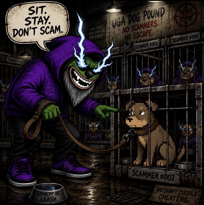 A cartoon illustration of a purple-hooded masked figure with lightning eyes scolding a pixel-art dog in a cage, captioned 'SIT. STAY. DON'T SCAM.' with signs reading 'UGA DOG POUND - NO SCAMMERS. NO ESCAPE.'