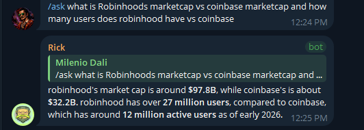 A Discord chat showing Rick the bot answering that Robinhood has a $97.8B market cap and 27M+ users versus Coinbase's $32.2B market cap and ~12M active users, supporting the "Robinhood chain" thesis by highlighting how undervalued and early the narrative is compared to Coinbase's base chain success.