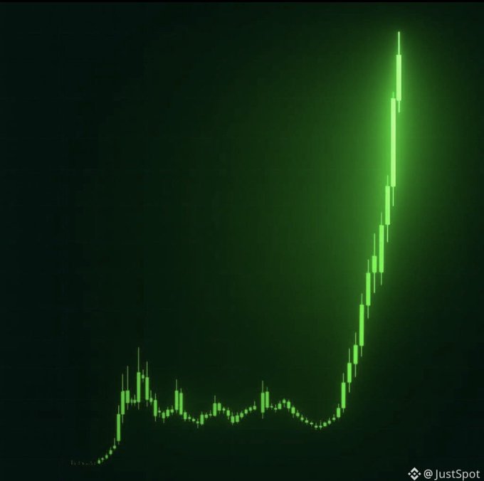 A dark chart image featuring a bright green candlestick chart showing a sharp upward spike, watermarked with the @JustSpot logo.