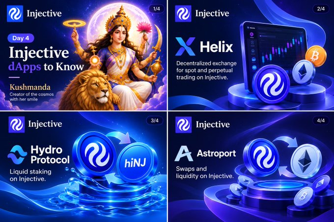 A four-panel promotional graphic for Injective dApps including 'Kushmanda', 'Helix', 'Hydro Protocol', and 'Astroport', each labeled with the Injective logo and descriptions of their services.