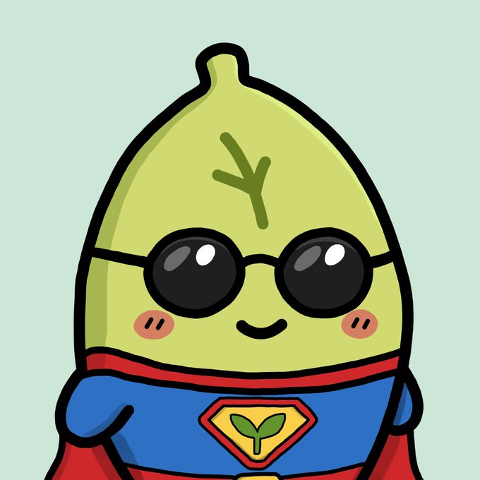 A cartoon illustration of a green, leaf-like character wearing round black sunglasses and a blue and red superhero-style costume with a plant sprout emblem.