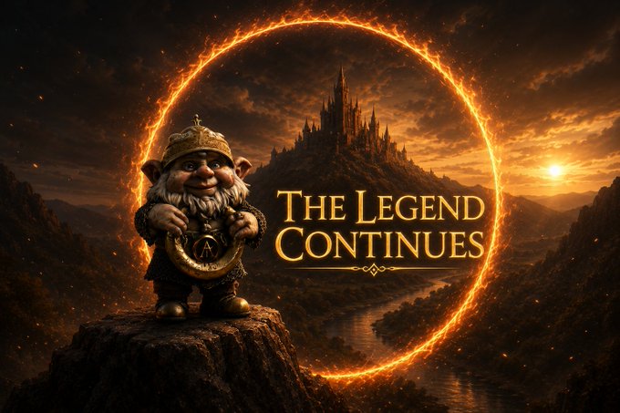 A mythical dwarf-like figure wearing a crown and holding an emblem stands atop a rocky peak, framed by a glowing ring of fire with a majestic castle silhouette in the background, alongside the text "THE LEGEND CONTINUES." The epic, cinematic imagery visually reinforces the post's themes of music, mythology, and storytelling tied to the Alberich Token, suggesting an unfolding legend worth attention.