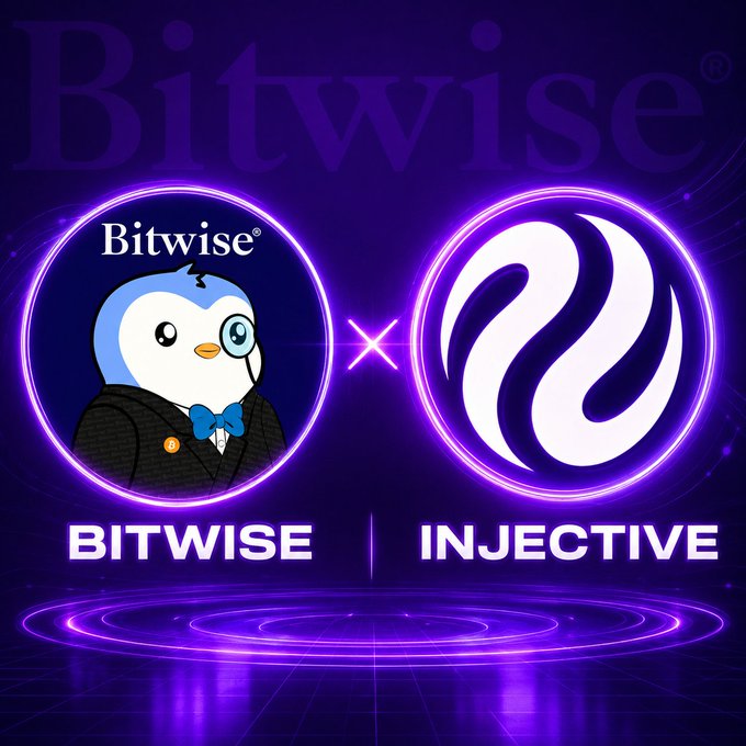 The image features two glowing circular icons side by side against a purple neon background: a penguin mascot wearing a suit and glasses labeled "Bitwise" and the white wave-like logo of "Injective," separated by an "X" symbol to signify a partnership between the two crypto entities. The graphic visually represents the announcement that Bitwise is now helping secure the Injective (INJ) network.
