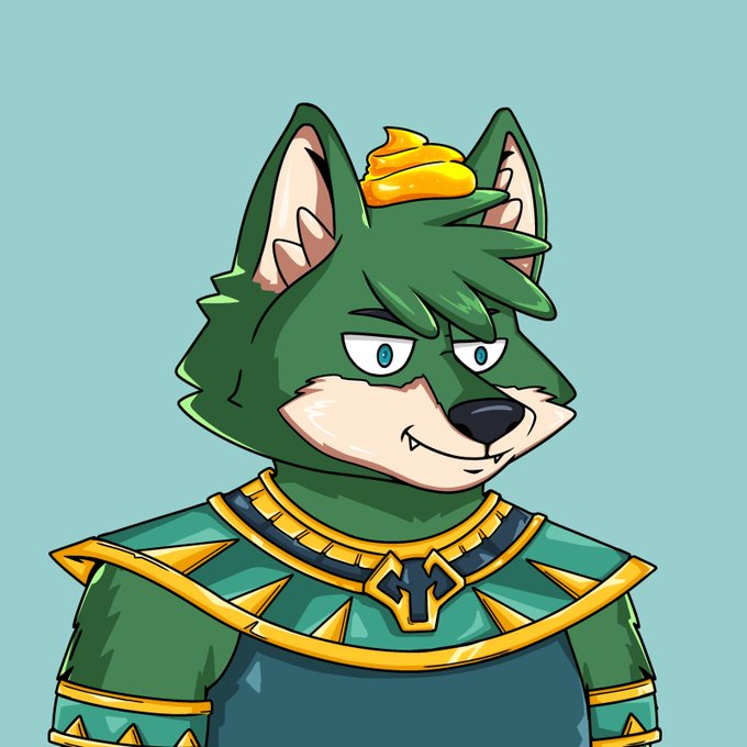 A cartoon illustration of an anthropomorphic green wolf character wearing ornate gold and teal armor with a small yellow swirl on its head.