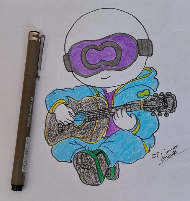 A hand-drawn chibi illustration shows a character in a blue hazmat suit and purple goggles playing an acoustic guitar, with an 'Optimum donuts' signature and a brown Sakura Pigma Micron pen beside it.