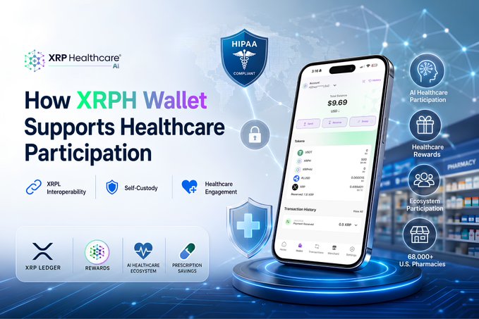 The image features a smartphone displaying an advertisement for XRPH Wallet. The phone is placed on a blue platform with a white border, which serves as a pedestal for showcasing the device. The background of the image is a light blue color that complements the white and blue elements in the foreground. The main focus of the image is the smartphone itself, positioned at the center of the frame.

The advertisement highlights how XRPH Wallet supports healthcare participation by connecting AI healthcare systems with XRPL infrastructure, rewards users for participating in healthcare initiatives, allows self-custody of health data, and helps save on prescription costs through a rewards program. The image also includes various icons related to healthcare, such as a heart symbolizing the connection between AI technology and healthcare, and a pharmacy icon representing the integration of XRPH Wallet with existing healthcare systems.