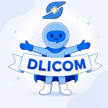 Illustration of a cute astronaut-like mascot character in blue holding a banner that reads 'DLICOM', with a blue satellite/pin icon floating above.