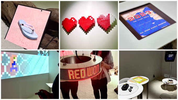 A collage of six images showcasing interactive art installations and pixel art designs, including pixelated hearts, a display reading 'AGD', and various digital exhibits.