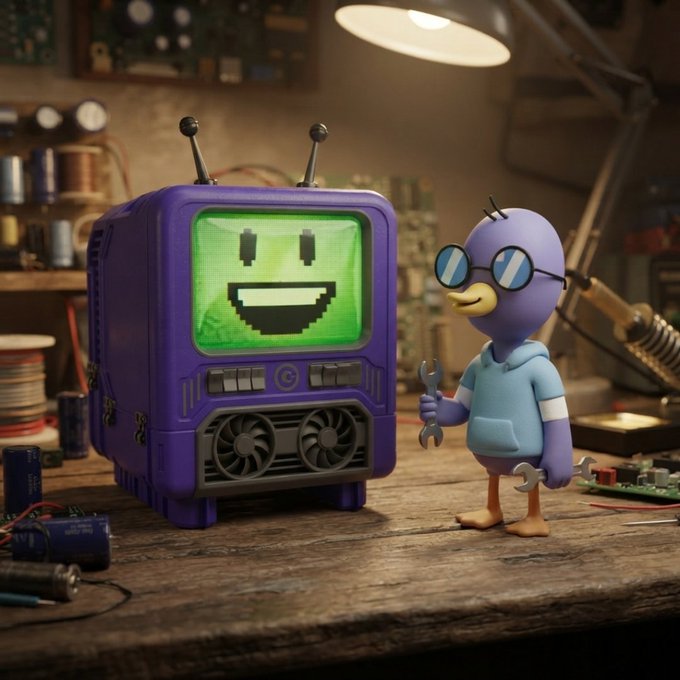 A 3D-rendered purple robot with a green smiling face on its screen stands next to a small purple bird-like character wearing sunglasses and a hoodie, holding wrenches in a workshop.
