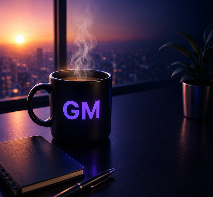 Stylized 'GM' image showing a black mug with glowing purple 'GM' text emitting steam, placed on a desk next to a plant with a sunset cityscape visible through a window.