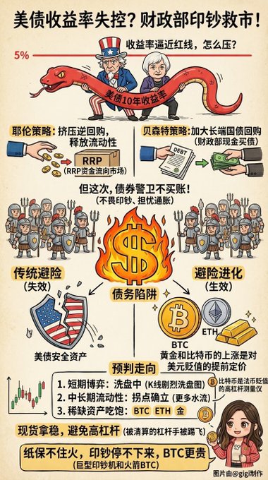 A colorful Chinese financial infographic illustrating the U.S. Treasury bond yield crisis, showing Uncle Sam riding a red dragon labeled "美债10年收益率" (10-year U.S. Treasury yield) approaching the 5% red line, alongside figures of Yellen and Bessent debating YCC vs. large-scale debt buyback strategies. It visualizes the "debt trap" thesis that traditional safe-haven assets like Treasuries are losing effectiveness, pushing investors toward Bitcoin, Ethereum, and gold amid predictions of short-term bond sell-offs, mid-term liquidity easing, and long-term currency debasement through QE and BTC/ETH appreciation.