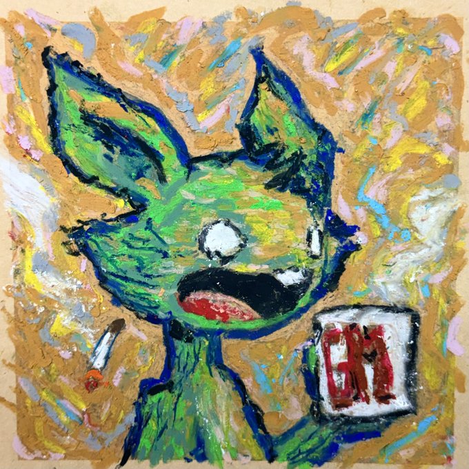 A colorful, expressionist painting depicts a green, cat-like creature with a worried expression holding a red cigarette, with a box of 'LM' cigarettes beside it.