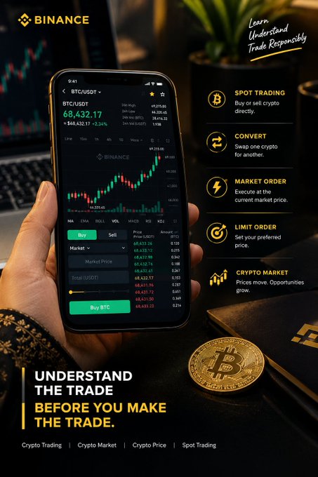 Promotional image for Binance crypto trading app showing a hand holding a smartphone displaying the BTC/USDT chart at $68,432.17, alongside a Bitcoin coin, with text 'UNDERSTAND THE TRADE BEFORE YOU MAKE THE TRADE' and trade type options listed.