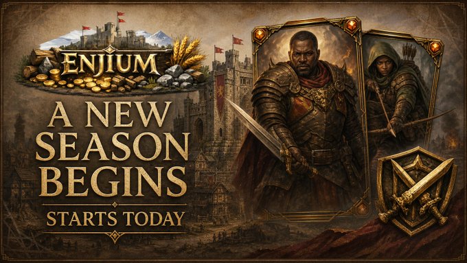 A promotional banner for 'ENJIIUM' announcing 'A NEW SEASON BEGINS STARTS TODAY', featuring fantasy artwork of knights and castles with medieval-themed graphics.