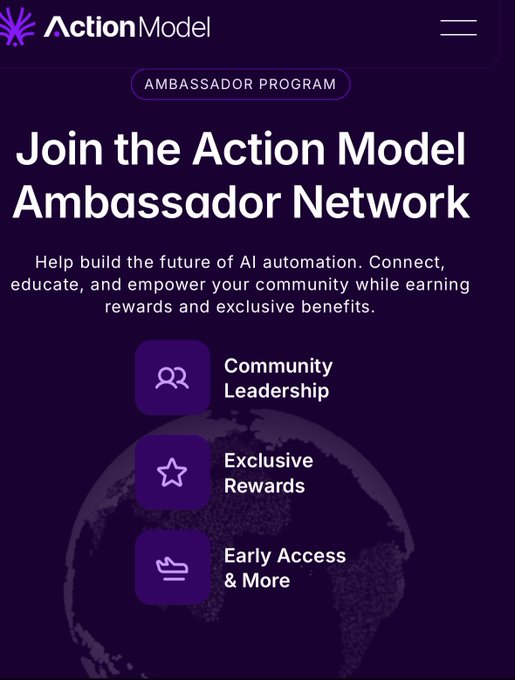 A promotional graphic for the 'Action Model' Ambassador Program with a dark purple background, highlighting Community Leadership, Exclusive Rewards, and Early Access.