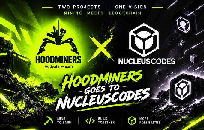Promotional banner for Hoodminers Goes to NucleusCodes, featuring logos for both projects with the tagline 'Two Projects, One Vision' and 'Mining Meets Blockchain'.