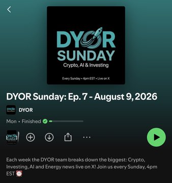 A Spotify podcast screen for "DYOR Sunday: Ep. 7 - August 9, 2026" covering Crypto, AI & Investing every Sunday at 4pm EST.