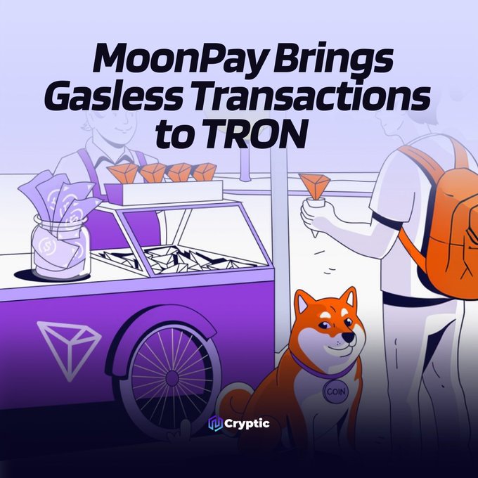 A promotional graphic with the headline "MoonPay Brings Gasless Transactions to TRON" features an illustrated vendor selling items from a purple TRON-branded cart to a customer with a backpack, accompanied by a Shiba Inu dog wearing a "COIN" tag. The image visually represents the partnership, with the Shiba Inu symbolizing the stablecoin (USDT/USDC) transactions that will now be simplified by eliminating the TRX gas fee requirement.
