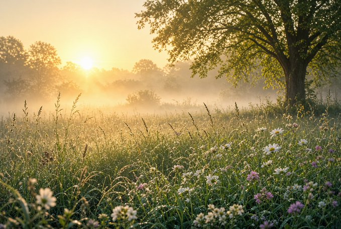 A misty meadow at sunrise, with golden light filtering through a large tree and illuminating a field of wildflowers, evokes the promise of a new day. The serene landscape visually reinforces the post's motivational message about embracing fresh opportunities and making each day count.