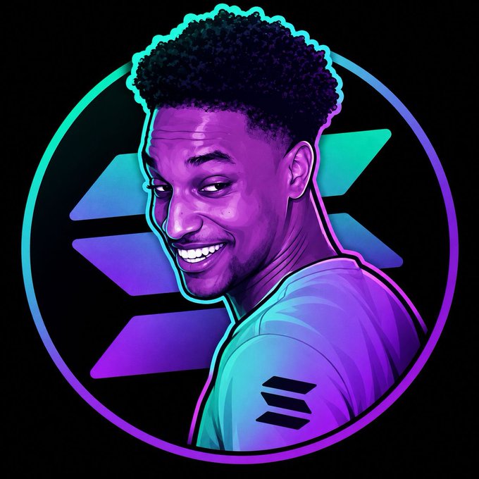 A stylized neon-purple and teal digital illustration of a smiling young man with curly hair, set against a circular gradient background with geometric shapes. The vibrant, crypto-themed avatar likely represents a project mascot or community member associated with the $ANSOL Solana airdrop promotion.