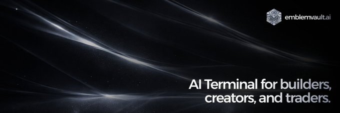 A promotional banner for emblemvault.ai with a dark, space-like background featuring flowing light streaks and the text 'AI Terminal for builders, creators, and traders.'
