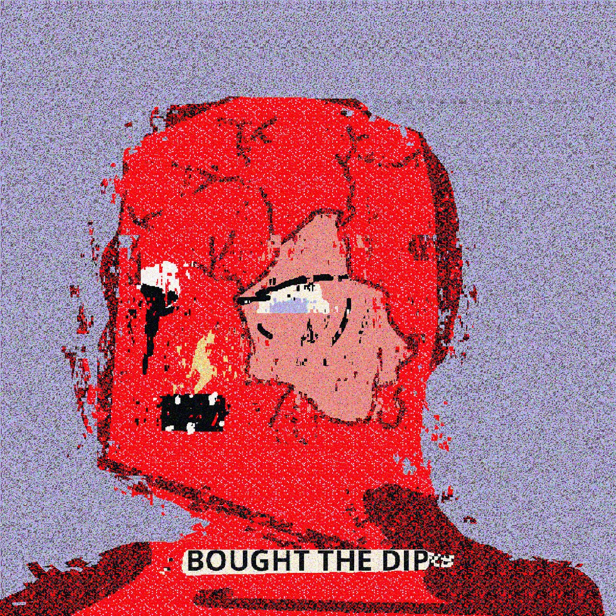 The image features a cartoon-style drawing of a person's face with red paint splattered all over it, giving it an abstract appearance. The text "Bought The Dip" is written above the drawing, indicating that this artwork was purchased by someone named @TransientLabs.