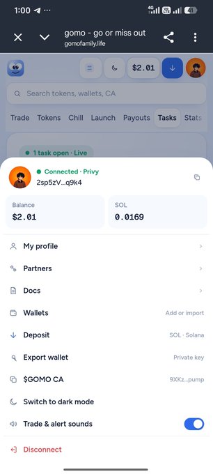 A mobile screenshot of a cryptocurrency platform showing a connected profile 'Privy', wallet balance, deposit option for SOL Solana, and a token called 'gomo - go or miss out'.