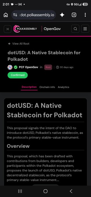 A mobile screenshot of Polkassembly showing a proposal titled 'dotUSD: A Native Stablecoin for Polkadot' on the PCF OpenGov Root page with a 'Confirmed' status.